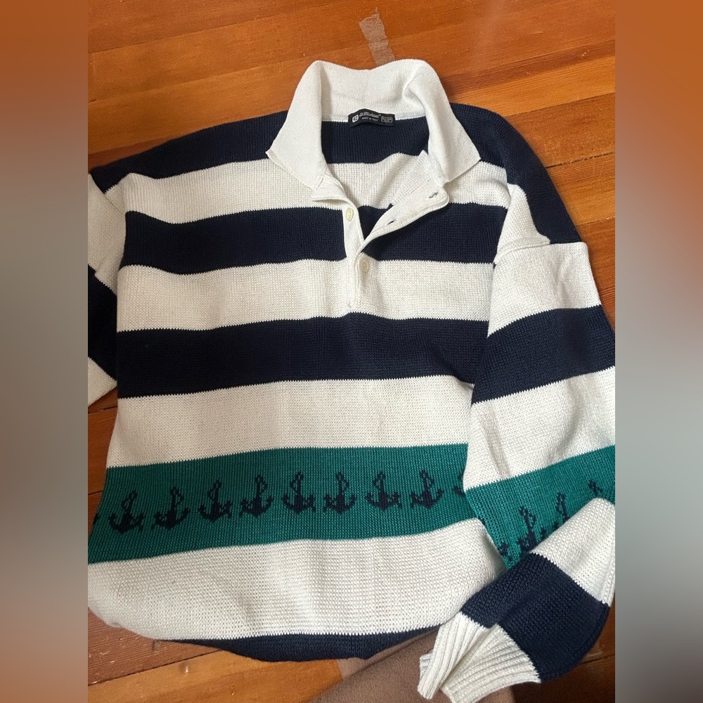 Vintage St. Michael Italy Knit Rugby Sweater | Nautical Anchor Stripe | L